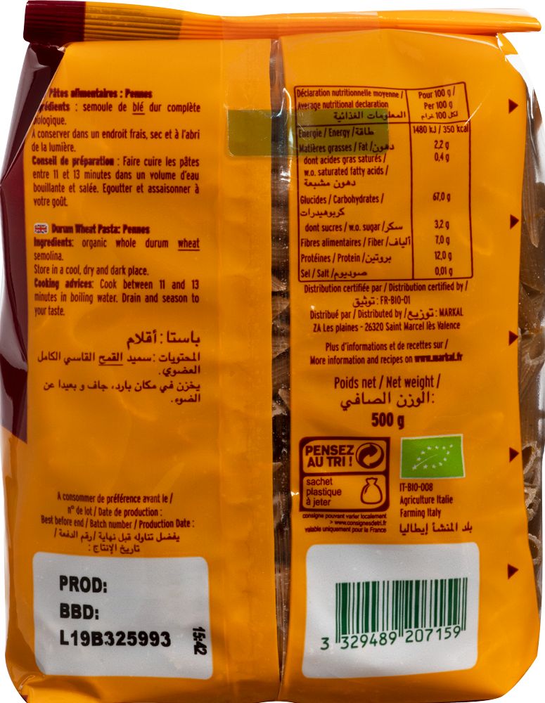 [Hoàn Tiền 15%][HCM]Mì ống penne lứt hữu cơ Markal 500g