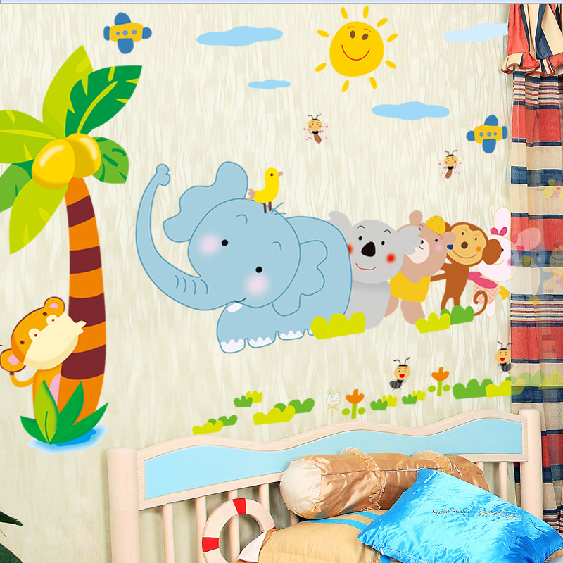 Decal dán tường khỉ con voi con cho bé AY7261-kiddecals Có sẵn keodán trên mọi bề mặt