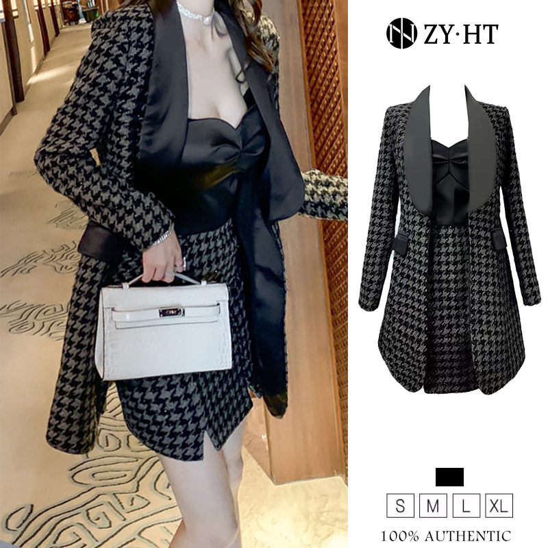 ZYHT eravogue Bộ 2 mảnh Áo khoác nỉ nữ + đầm sọc Suit Hàn Quốc Bộ đồ thời trang Bộ đồ bộ đồ bộ đồ lưới màu đỏ may bộ đồ sa tanh Bộ đồ họa tiết houndstooth Bộ đồ phù hợp với dây treo 4451