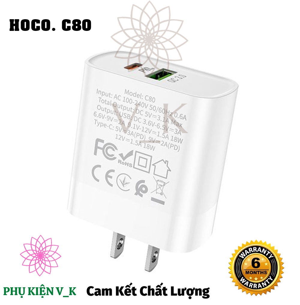 Bộ Củ Sạc Hoco C80 Type C - Hỗ trợ sạc nhanh QC3.0