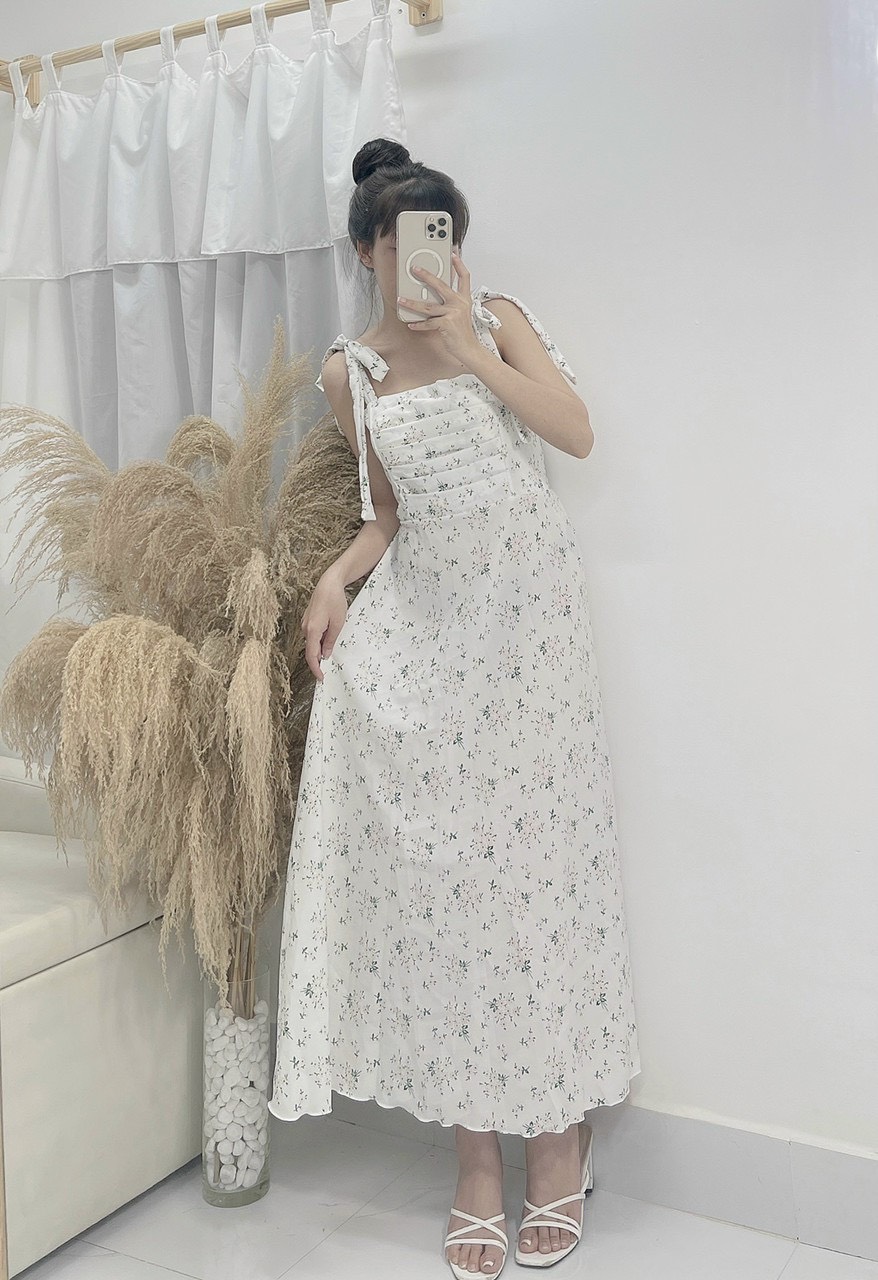 Đầm maxi cột vai vải lụa hoa xếp ly ngực
