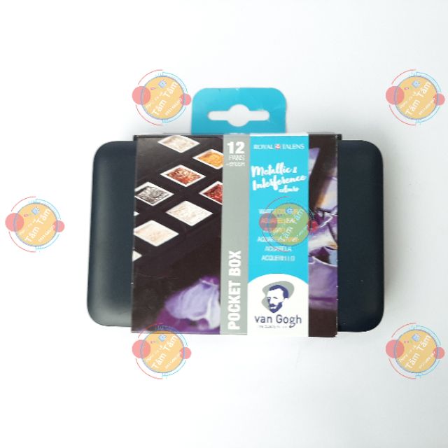 Màu nước Vangogh hộp nhựa màu đen set 12, Màu nước Metalic, Van gogh Metalic & Interference Colours set 12