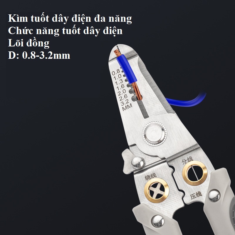 Kìm tuốt dây đa năng 9 trong 1 thép không gỉ thợ tuốt dây điện kèm kéo 190mm Kìm tuốt dây