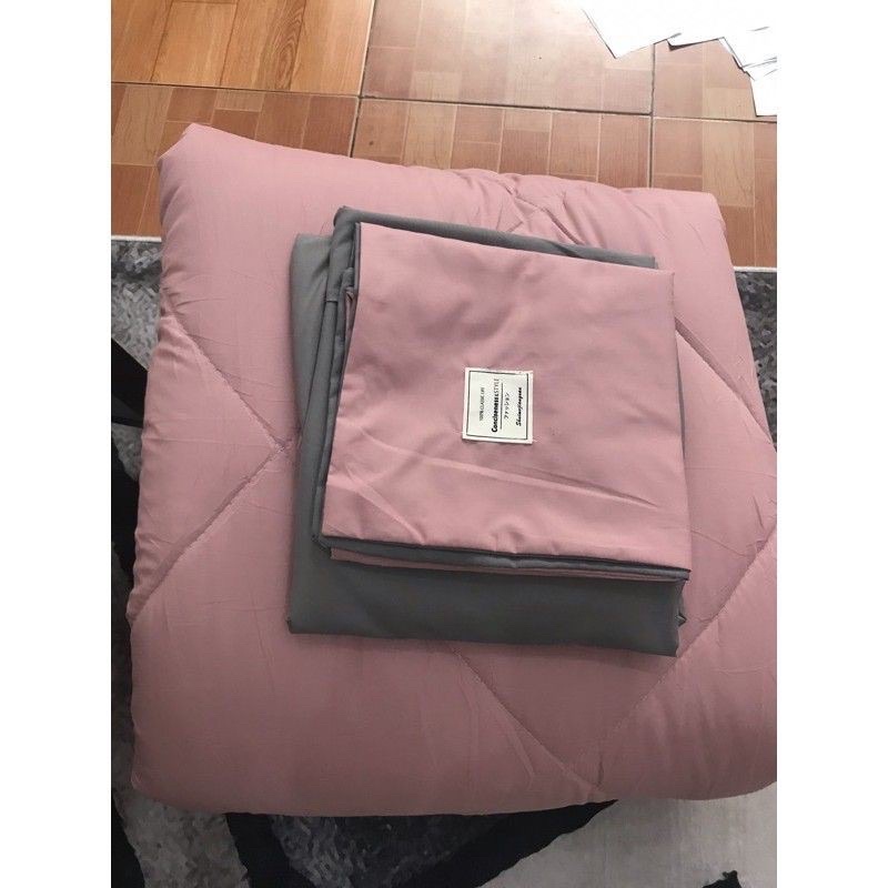 Bộ chăn phao trần bông dày êm và ga gối cotton tici phối màu trơn cao cấp