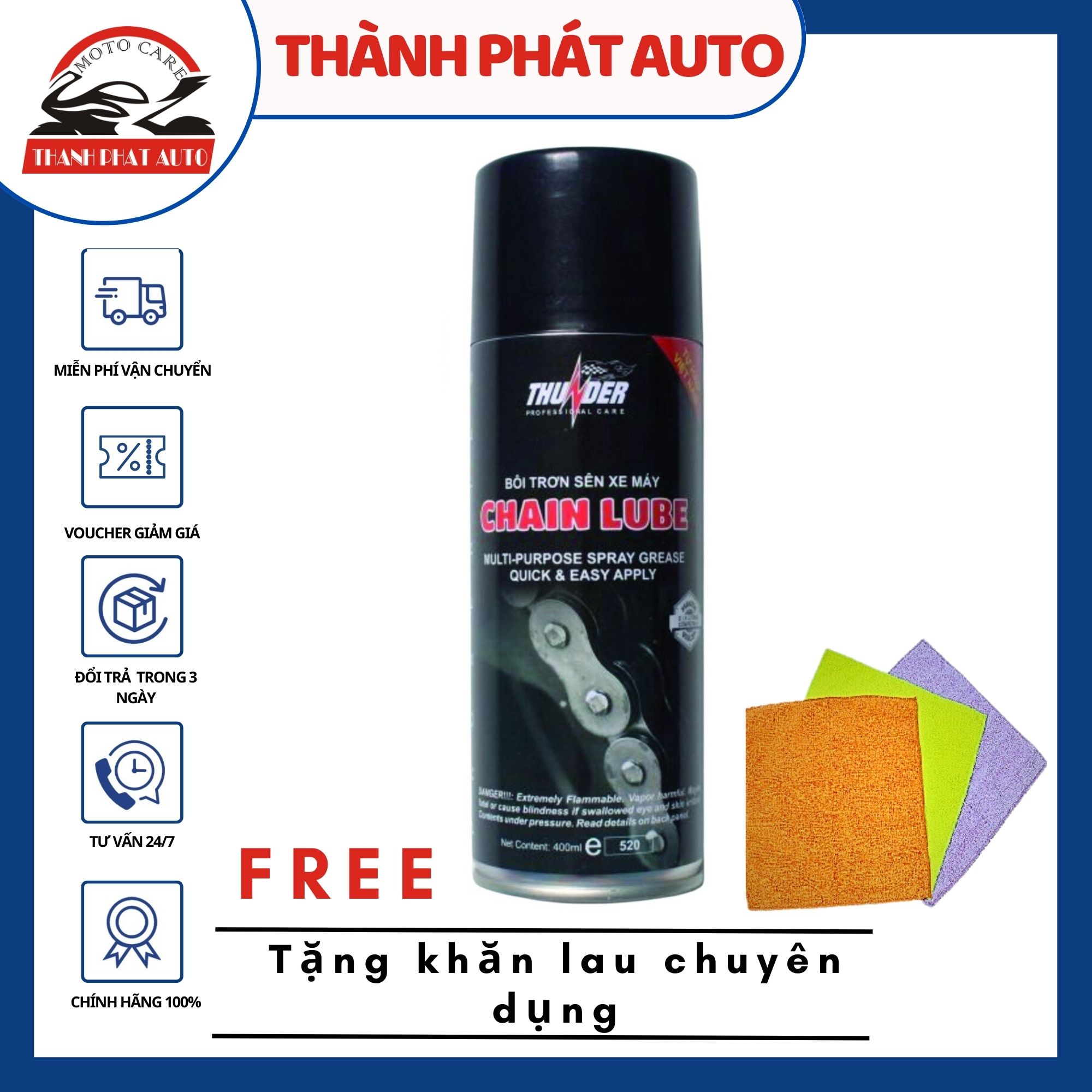 [HCM]Chai xịt dưỡng sên bôi trơn sên xích chống tiếng kêu Thunder Chain Lube 400ml tặng kèm khăn lau xe chuyên dụng