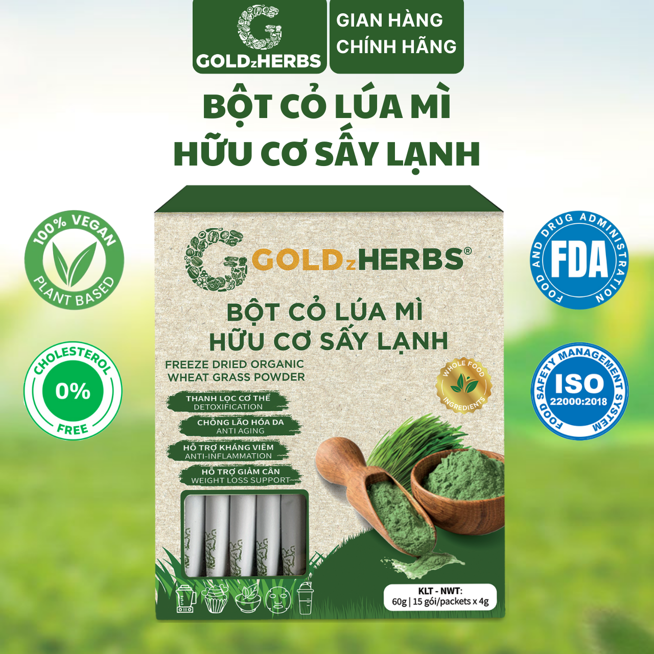 Bột cỏ lúa mì hữu cơ sấy lạnh GoldzHerbs, 100% nguyên chất - Hộp 15 gói x 4g