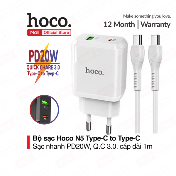 Bộ sạc nhanh Hoco N5 Type-C to Type-C sạc nhanh PD 20W, Quick Chagre 3.0, dành cho samsung/huawei/oppo... ( kèm cáp sạc 1m )
