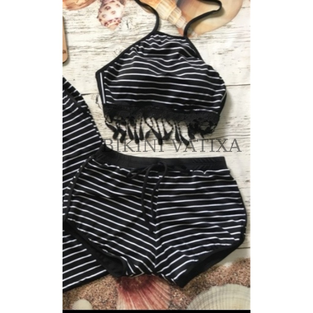 Bikini cho cặp đôi đồ bơi đôi cặp thun lạnh sọc đen vatixa bkn05