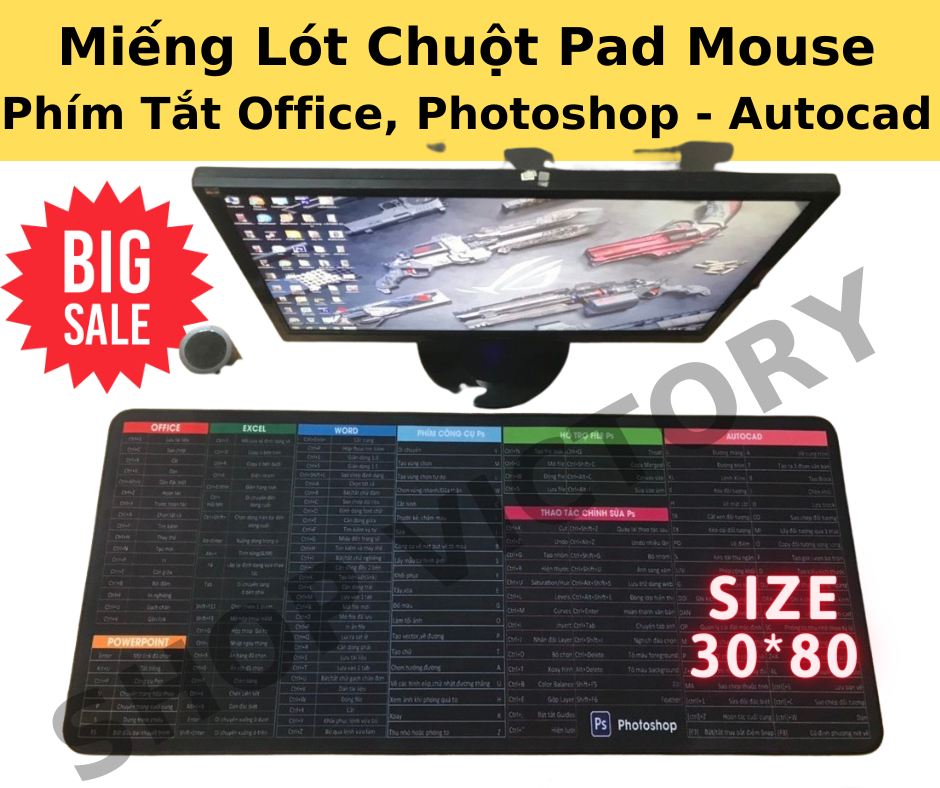 Miếng lót chuột pad mouse khủng 30 x 80 cm - có phím tắt office , photoshop-autocad tiếng việt/tiếng anh