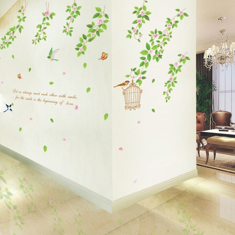 Decal dán tường dây hoa và lồng chim,