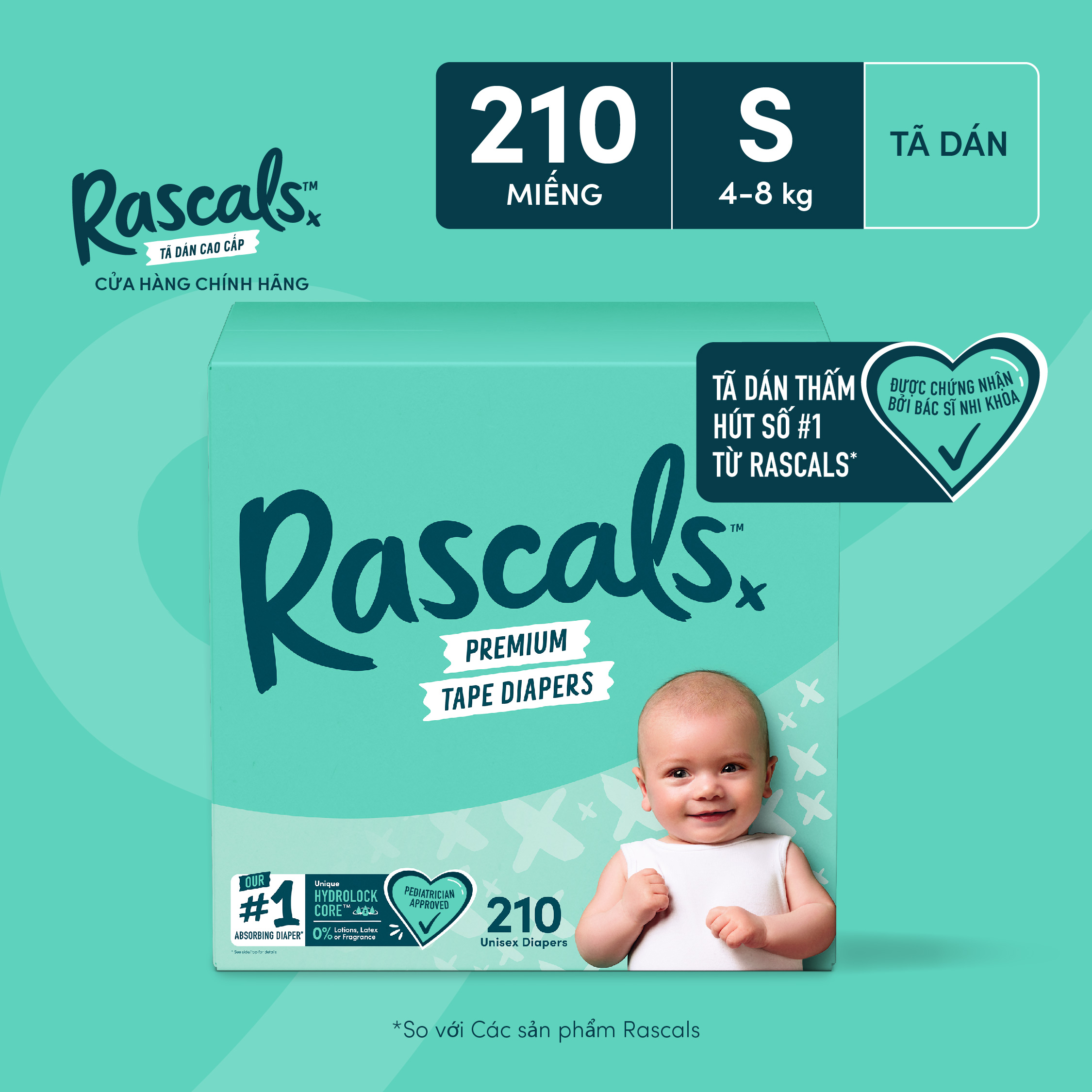 Thùng 3 bịch Tã/Bỉm Dán Rascals Size S (4-8kg) 210 miếng