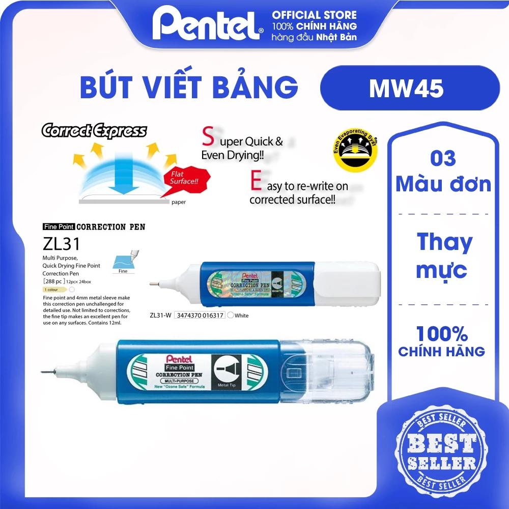 Bút Xóa Đầu Kim Nhật Bản Pentel 12ml - ZL31 Dễ Sử Dụng, An Toàn - Cam Kết Hàng Chính Hãng