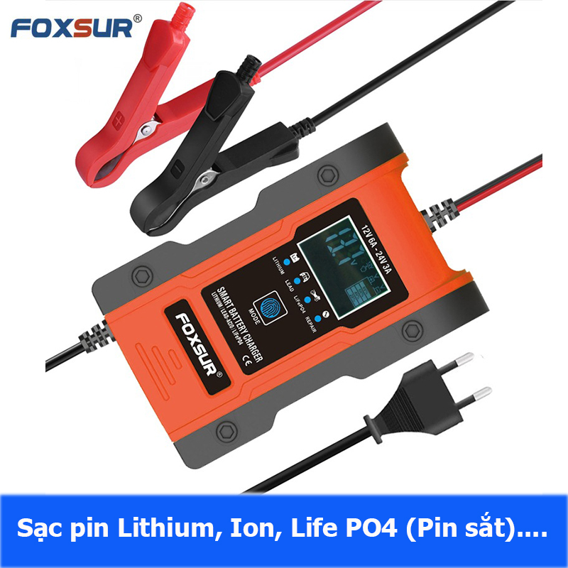 [SẠC PIN LITHIUM] Sạc bình ắc quy 12V 24V 150AH FOXSUR sạc pin Lithium LiFePo4 khử sunfat thông minh tự ngắt khi đầy