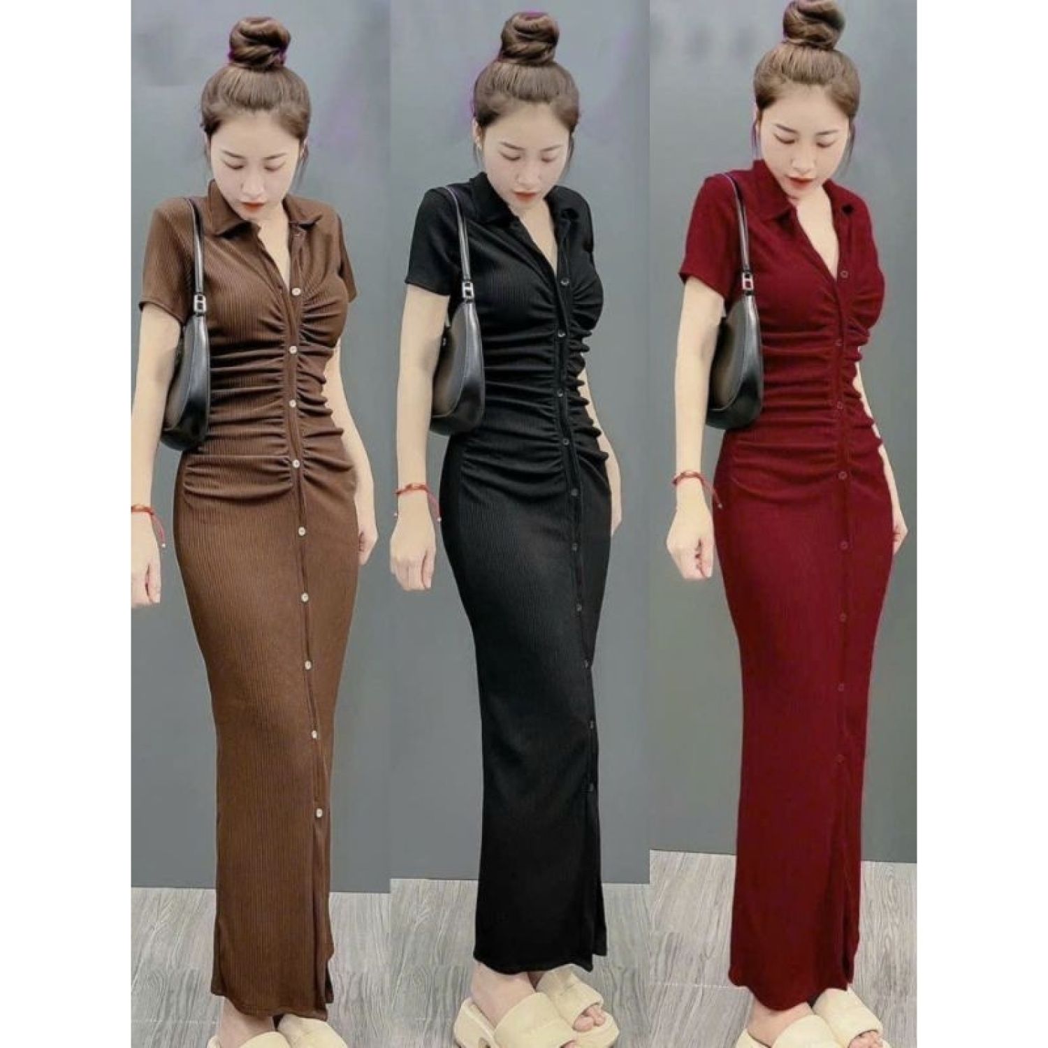 Đầm tay ngắn cổ trụ polo v nút dọc thân nhún eo - dài maxi ôm body sexy - tiểu thư bánh bèo cute sang chảnh basic