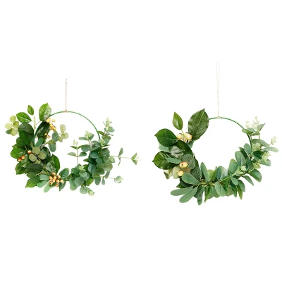 2 Pcs Floral Hoop Wreath Artificial Eucalyptus Leaf Wreath Hanging Wall Hoop Wreath for Wedding Wall Home Decor, L & S