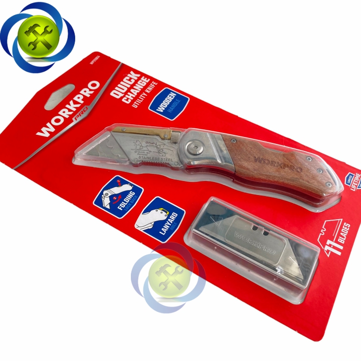 Dao rọc cáp Workpro WP211014 gấp gọn thân gỗ kèm 10 lưỡi