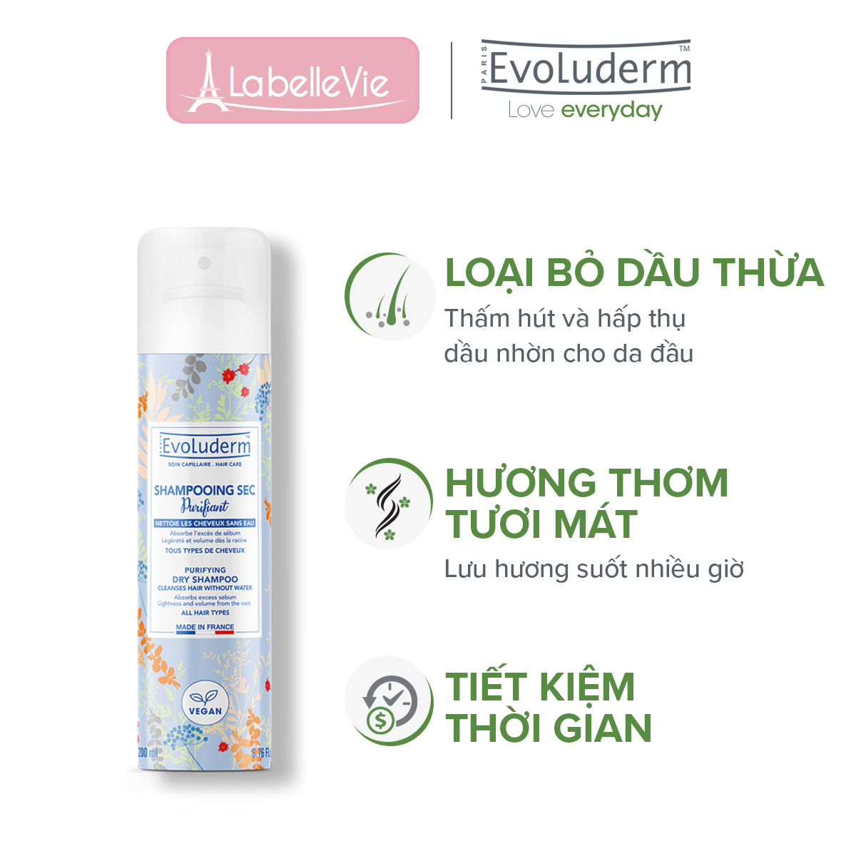 Dầu gội khô Evoluderm cho mọi loại tóc 200ml