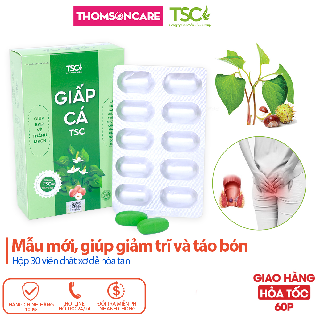 Viên uống Giấp Cá TSC - Giảm trĩ nội trĩ ngoại từ diếp cá chất xơ hòa tan giảm táo bón và Rutin - Hộp 30 viên nang