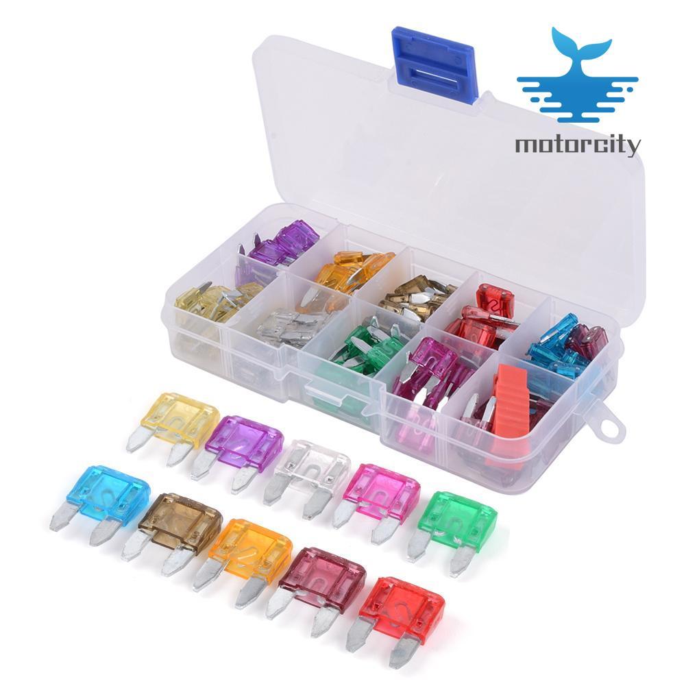 Motorcity 100pcs Mini Car Fuses 3A 5A 7.5A 10A 15A 20A 25A 30A 35A 40A with Box+Clip