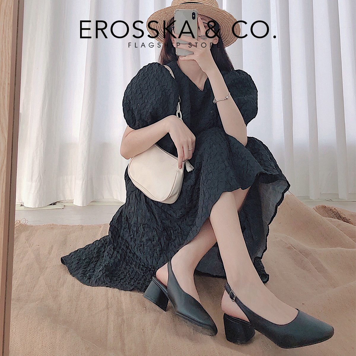 Giày cao gót slingback Erosska mũi vuông gót vuông vững chắc màu kem cao 5cm _ EL013