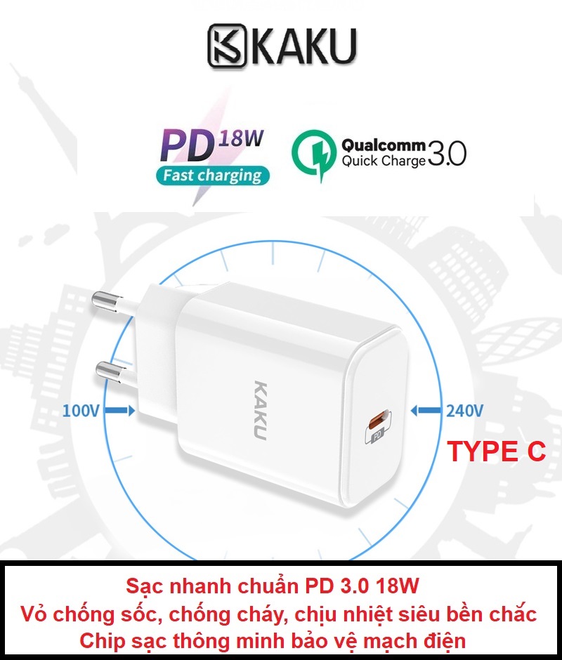 Cốc sạc nhanh chuẩn pd3.0 kaku cổng type c coc sac nhanh pd3.0 củ sạc nhanh pd 3.0 cục sạc nhanh pd3.0 sac nhanh pd3.0