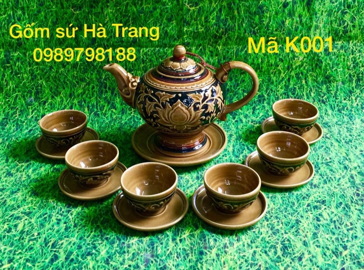 Bộ ấm chén khắc chìm gốm sứ Bát Tràng cao cấp