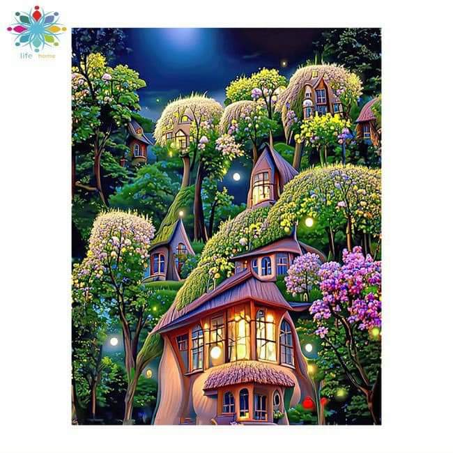 Tranh đính đá cao cấpphong cảnh ngôi nhà-KT: 30x40Cm