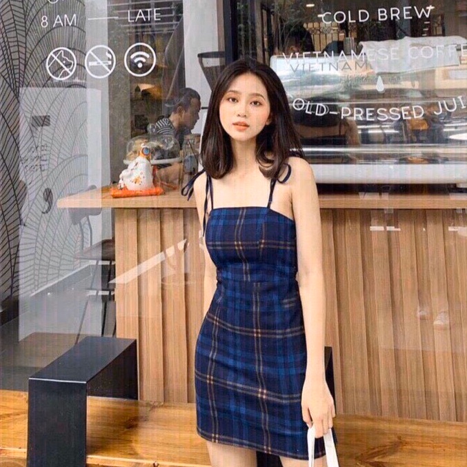 Đầm caro 2 dây cột nơ vai