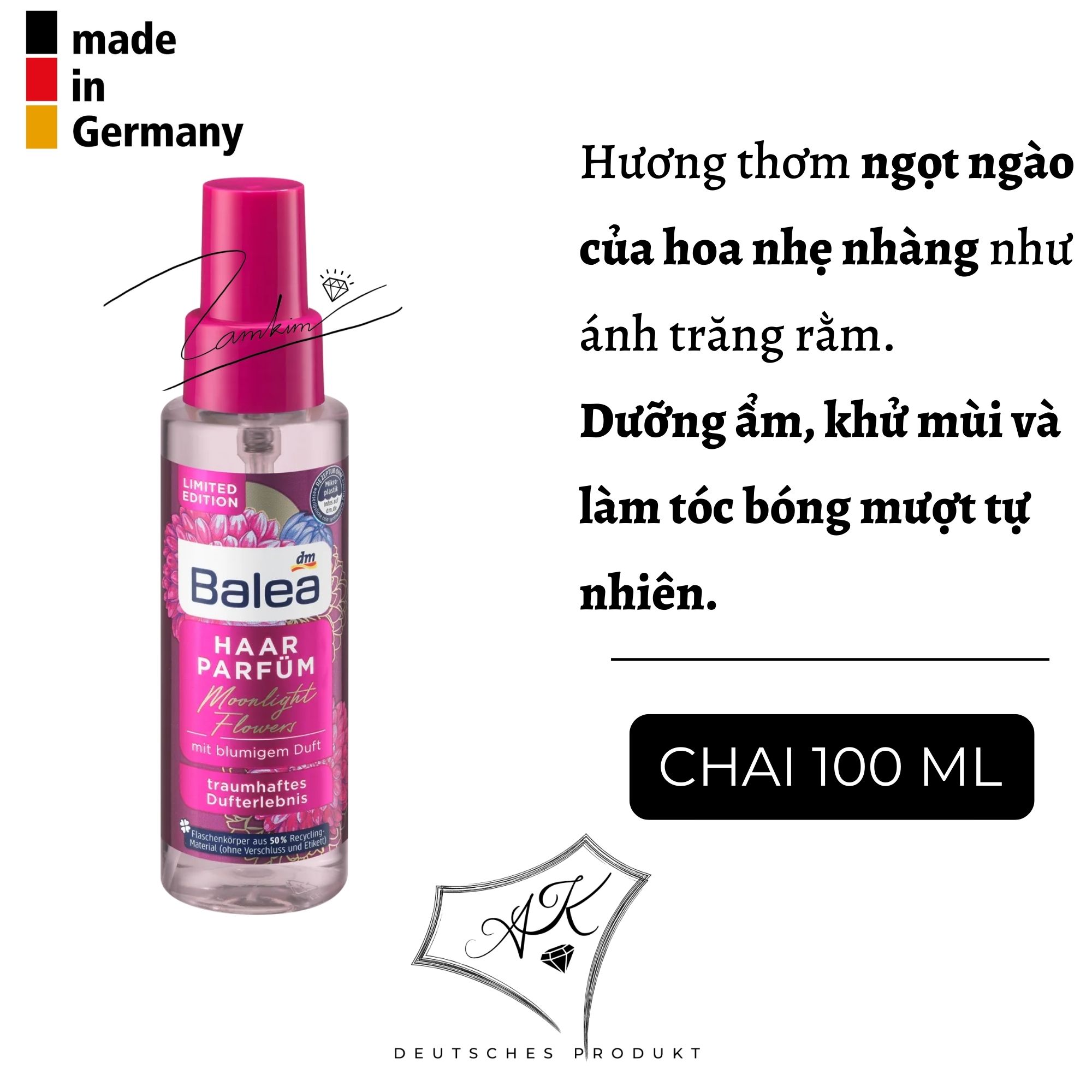 [ Hàng Đức ] Nước hoa xịt tóc, khử mùi, dưỡng ẩm Balea - 100ml