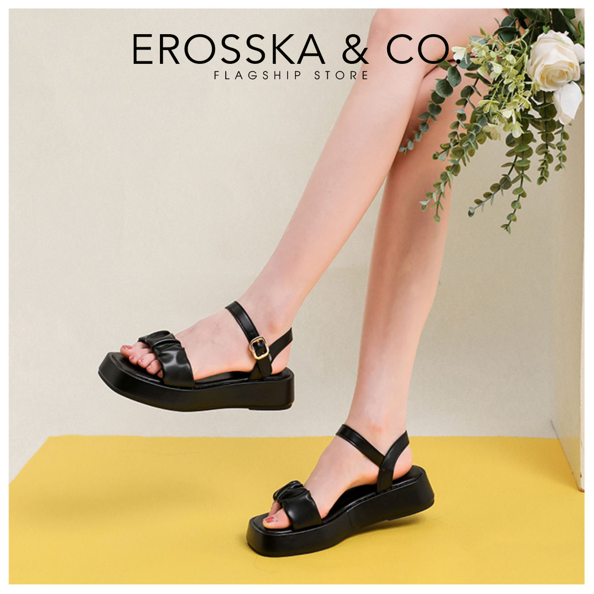 Erosska - Giày Sandal nữ đế xuồng quai nhún da mềm thoải mái cao 3cm màu kem - SB018