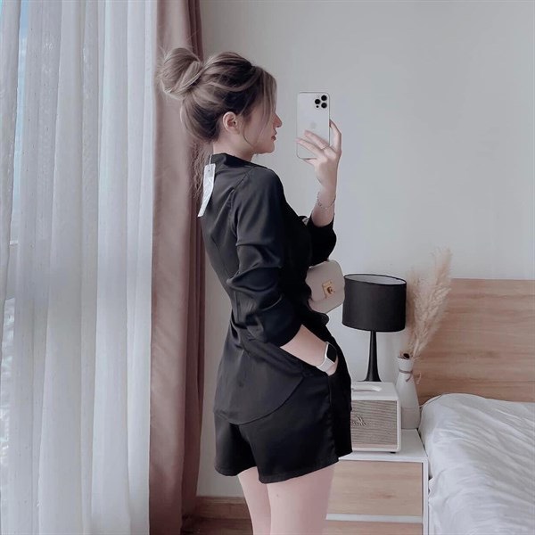Set bộ áo sơ mi nhúm xoắn eo dài tay cổ V phối quần short cá tính, Set bộ áo V nhúm xoắn nhúm eo mix quần đùi sang chảnh, Set bộ áo sơ mi cổ V nhúm xoắn eo mix quần short đi chơi xinh xắn MTB