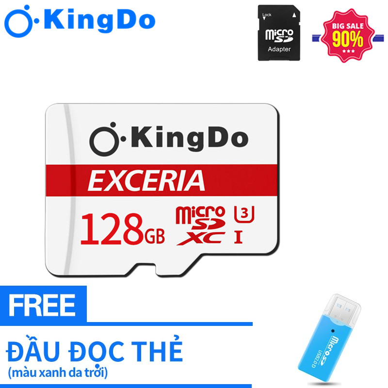 Thẻ nhớ Kingdo 128GB Class 10 chuyên dụng cho Camera IP 128GB với Bộ điều hợp Thẻ nhớ microSD  Class 10 Thẻ nhớ thẻ nhớ micro SD để ghi video 4K Đọc 90MB / s/Đầu đọc thẻ miễn phí
