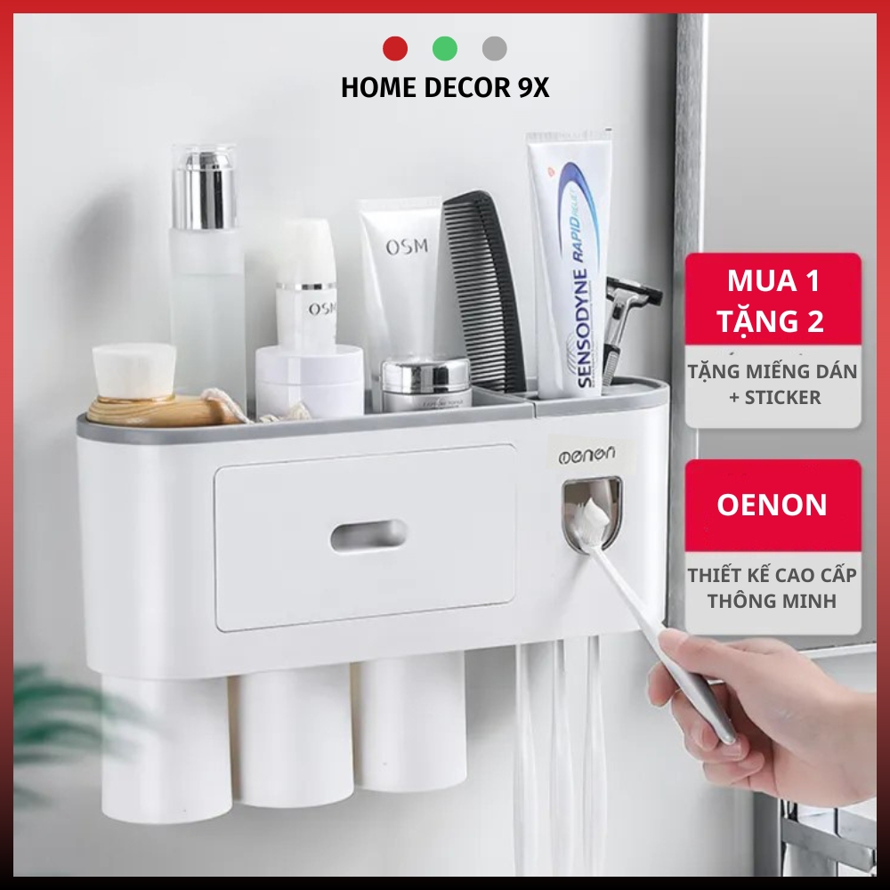 Bộ Nhả Kem Đánh Răng Thông Minh OENON, Giá Để Đồ Nhà Tắm, Tặng Miếng Dán Ticker Kute