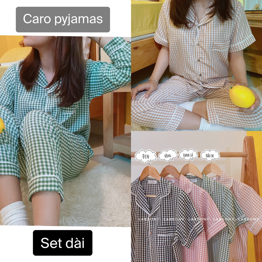 [Set Dài]Đồ ngủ caro dài Pyjama nữ đồ mặc ở nhà chất kate lụa Labeony