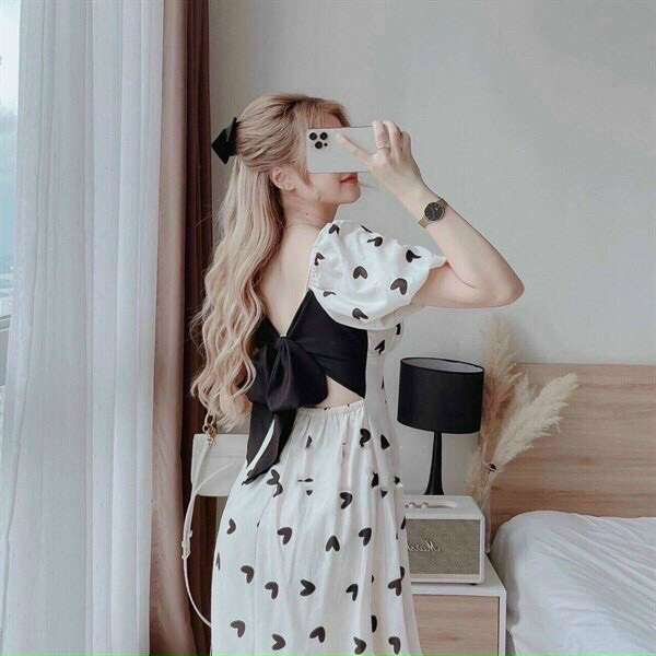 Đầm tim nhún ngực tay phồng đính nơ lưng, maxi đi biển, đầm xoè, đầm cổ vuông, váy tiểu thư nữ đi tiệc, dạo phố