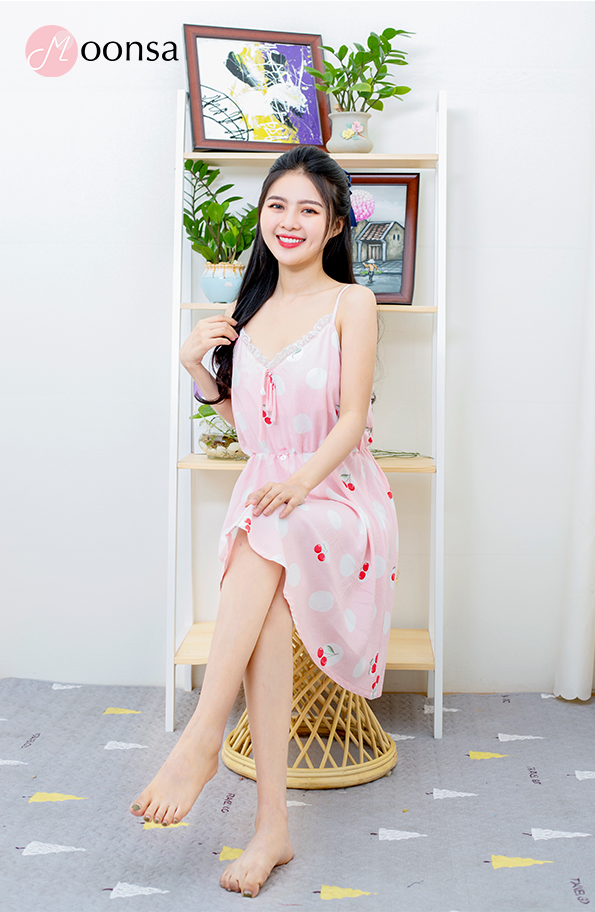 Đầm ngủ nữ vải tole Cherry Hồng Phấn [Moonsa]