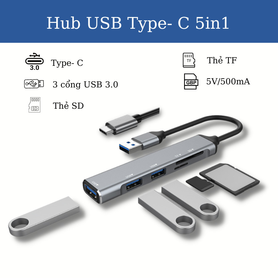 Bộ Chia Cổng USB 3.0 5 trong 1 Cổng Mini Bằng Hợp Kim Nhôm Tốc Độ Cao 3