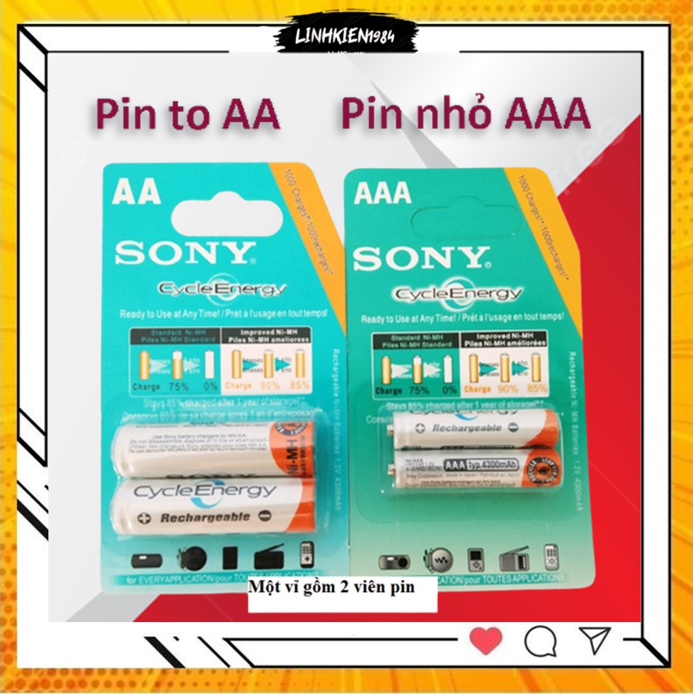 Pin sạc 3A ( AAA ) / 2A ( AA ) Son-y 1 vỉ 2 viên