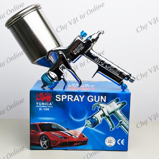 Súng phun sơn khí nén K100 béc phun 0.8, 1.1, 1.3 đi kèm cốc sơn inox có chân gác chống đổ
