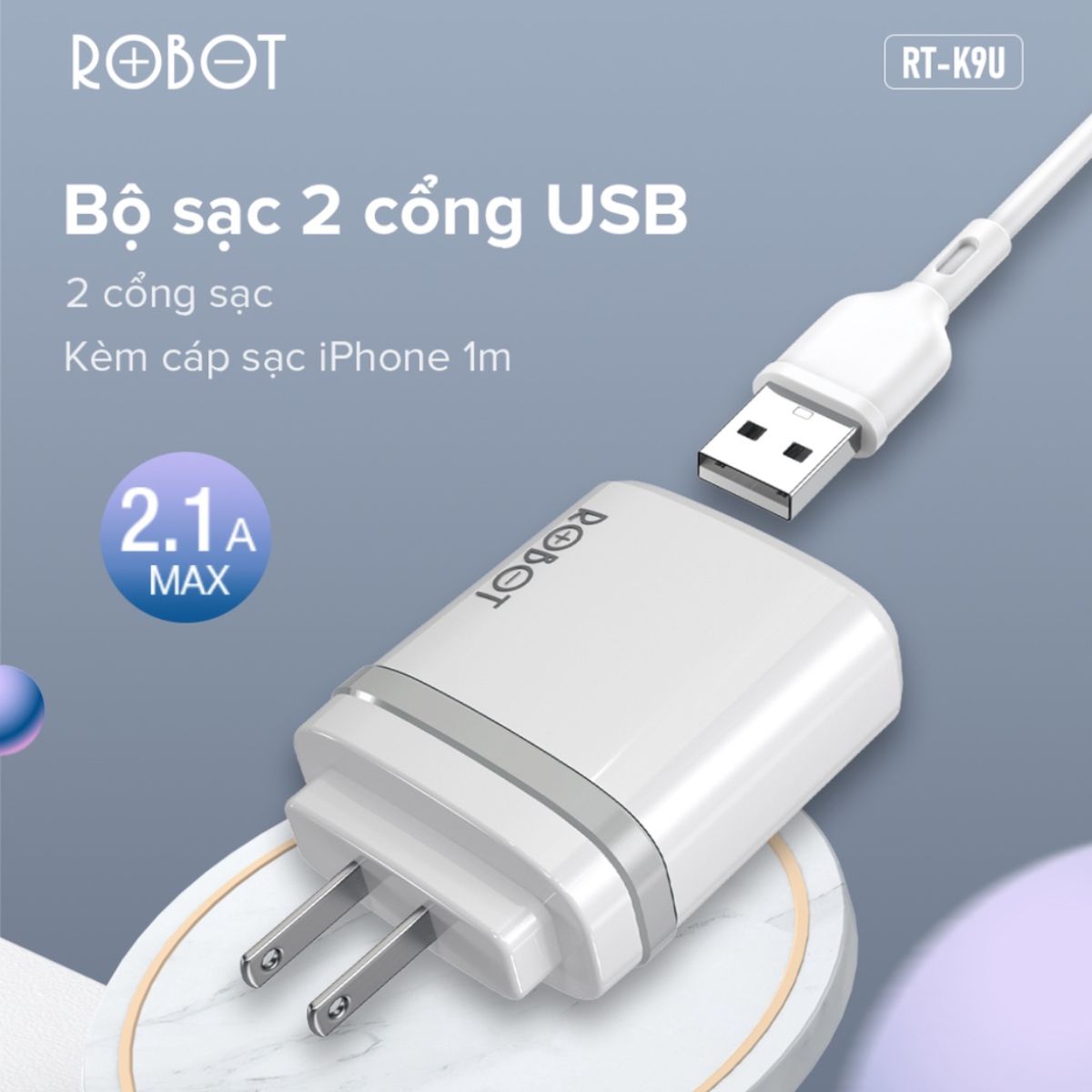Bộ Cốc & Cáp Sạc ROBOT RT-K9U 2 Cổng USB