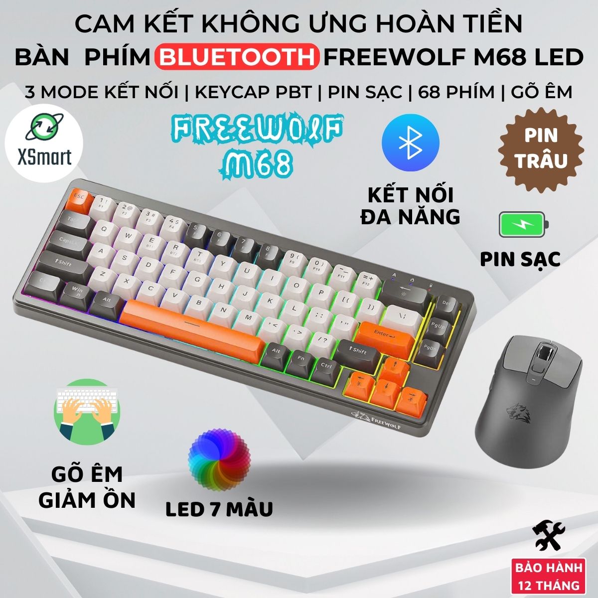 Bộ Bàn Phím Và Chuột Bluetooth FreeWolf M68 LED Pro Gõ Siêu Êm Pin Sạc Keycap PBT Cho Pc Lap
