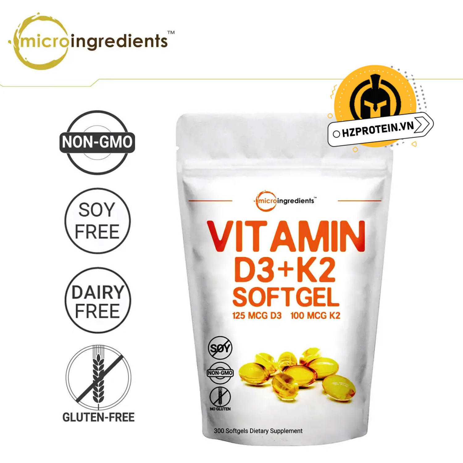 Micro Ingredients D3 5000IU+ K2 (300 Viên) - Hỗ trợ sức khỏe xương và thúc đẩy các động mạch khỏe mạnh
