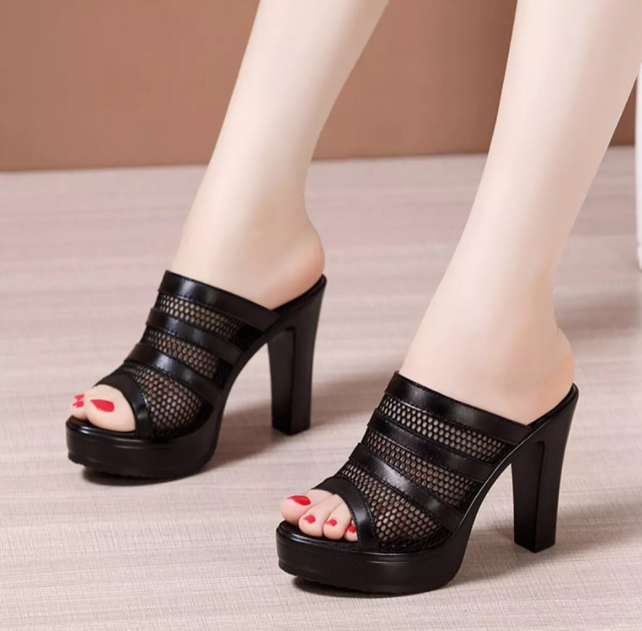 Dép cao gót phối lưới 9f
