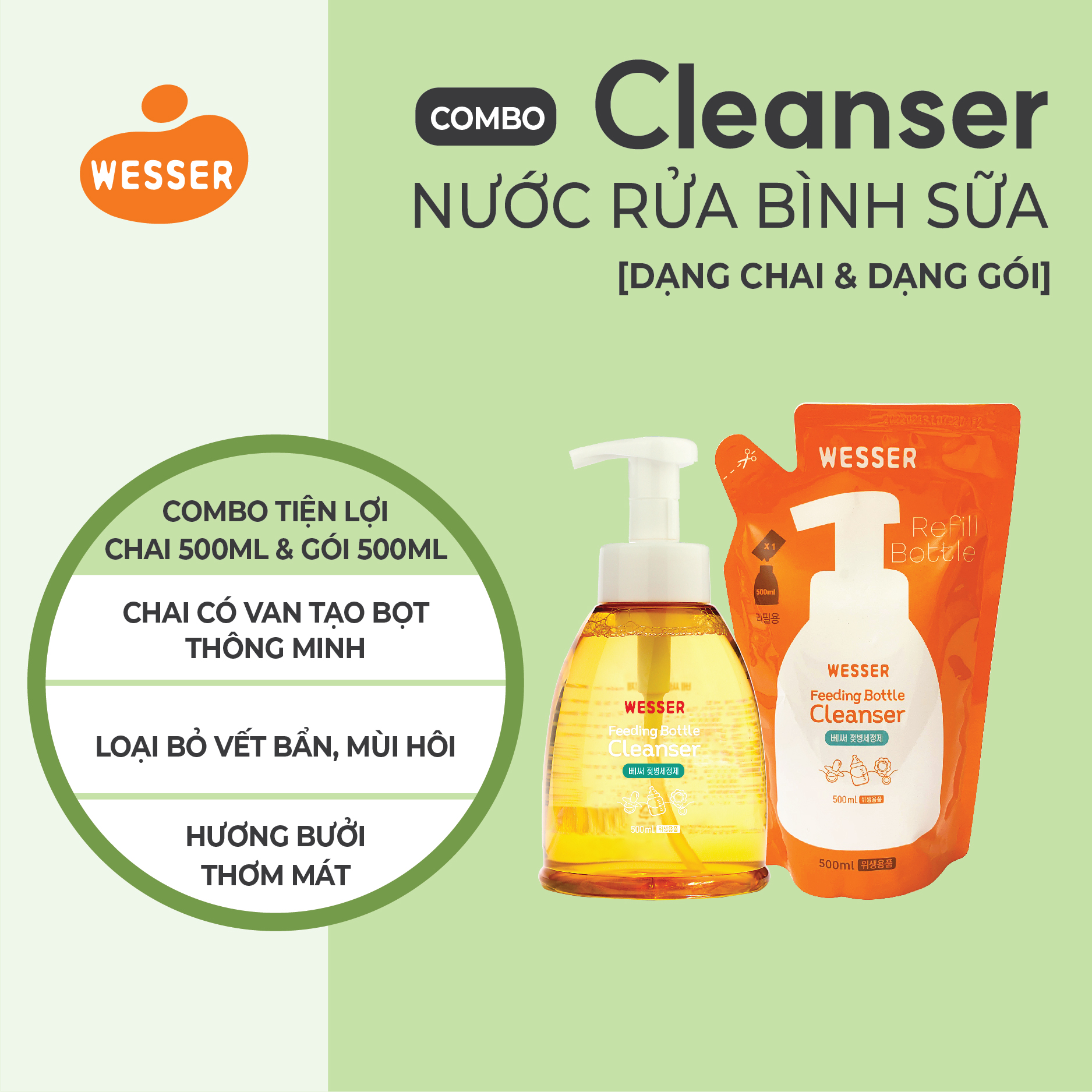 Bộ 1 chai và 1 gói nước rửa bình sữa Wesser 500ml ( Nhập khẩu)