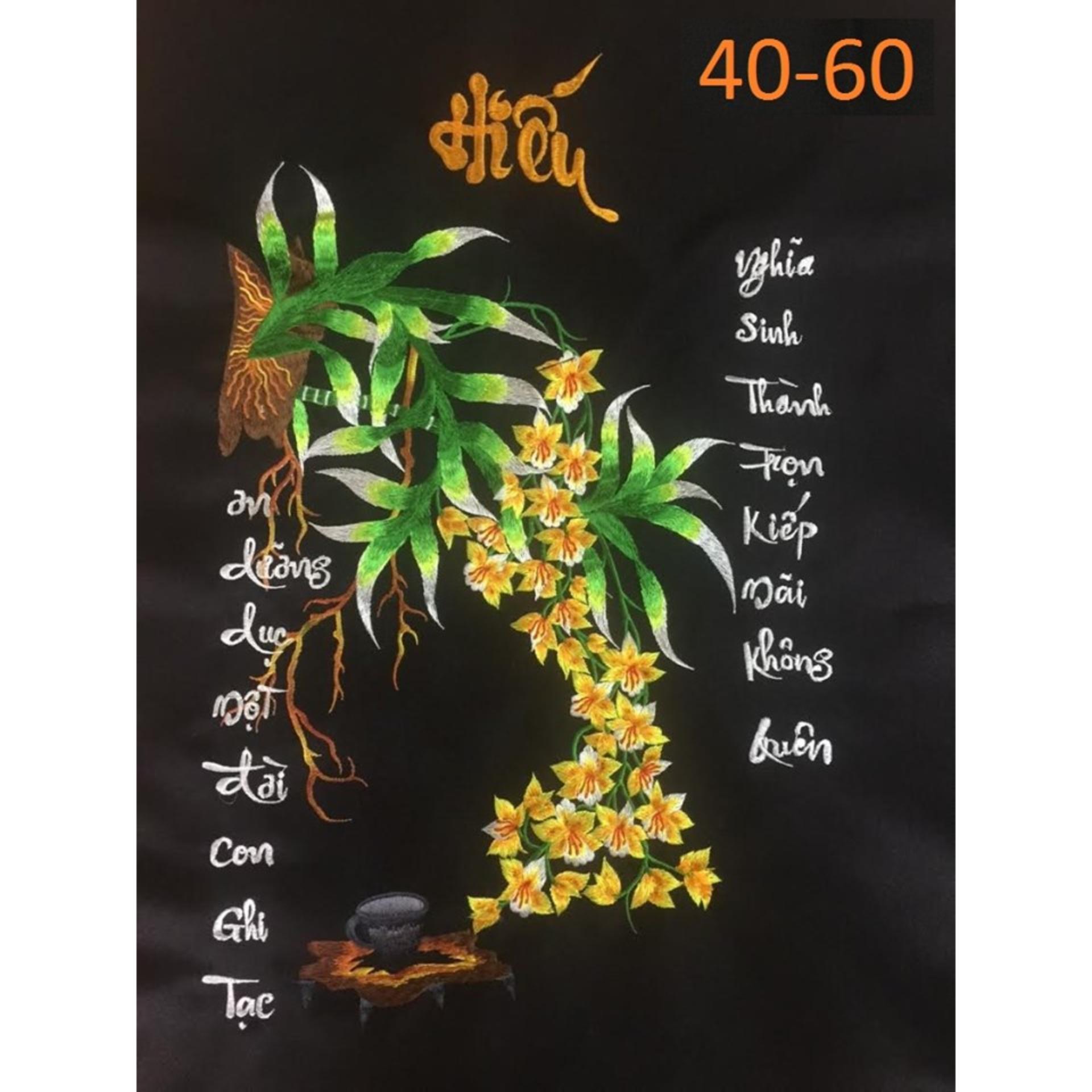 tranh thêu vi tínhTHƯ PHÁP CHỮ HIẾU HOA PHONG LAN MÀU VÀNG KÍCH THƯỚC 40X60CM