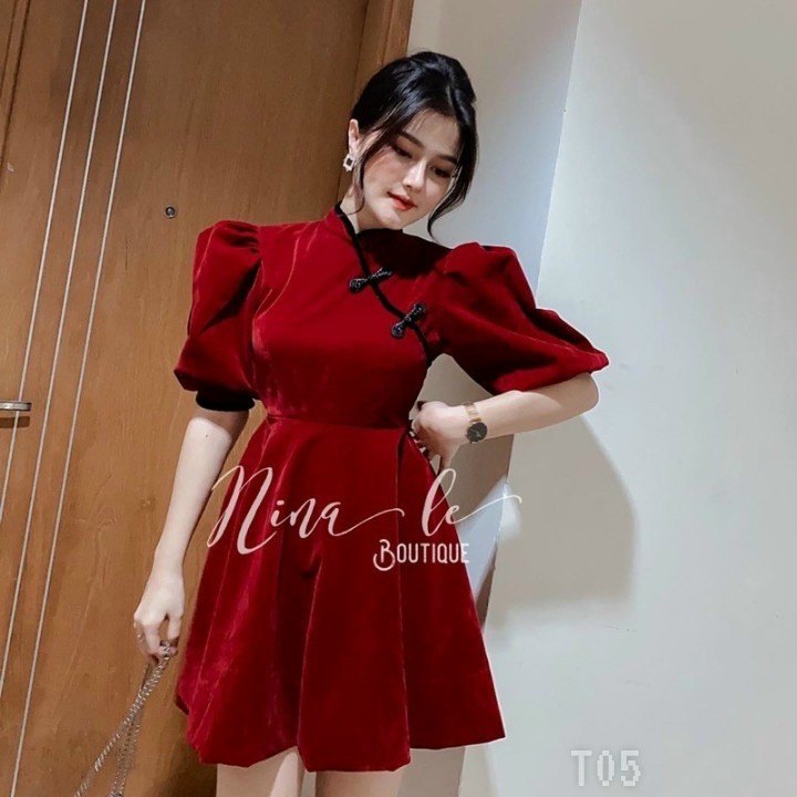 Đầm cổ tàu tay phồng-ZU#damnu
