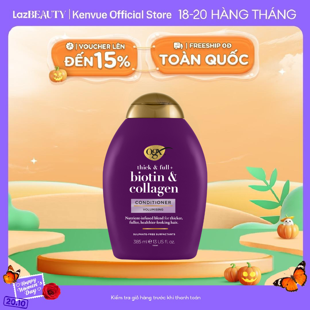 Dầu xả OGX giúp tóc chắc khoẻ làm dày tóc/ ống mượt phục hồi hư tổn/ dành cho tóc xoăn vào nếp dung tích 385ml