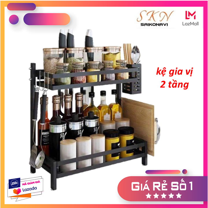 Kệ Gia Vị Thép Đen Đa Năng 3 Tầng Có Ống Cắm Đũa Và Giá Để Thớt - Kệ Đựng Gia Vị, Kệ Gia Vị Nhà Bếp Inox Đa Năng Tiện Gọn Chất Liệu Cao Cấp Chống Han Gỉ