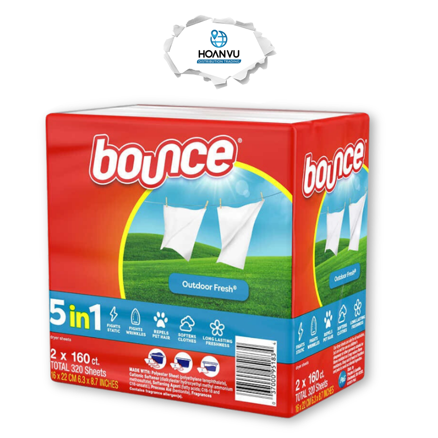 Khăn giấy thơm Bounce 5in1 Dryer Sheets Outdoor Fresh (160 tờ x 2)
