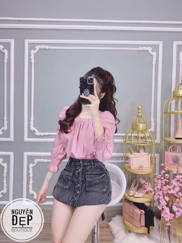 Áo voan cổ vuông nhún tay nhún eo nhún cổ kiểu cách TTSA0024